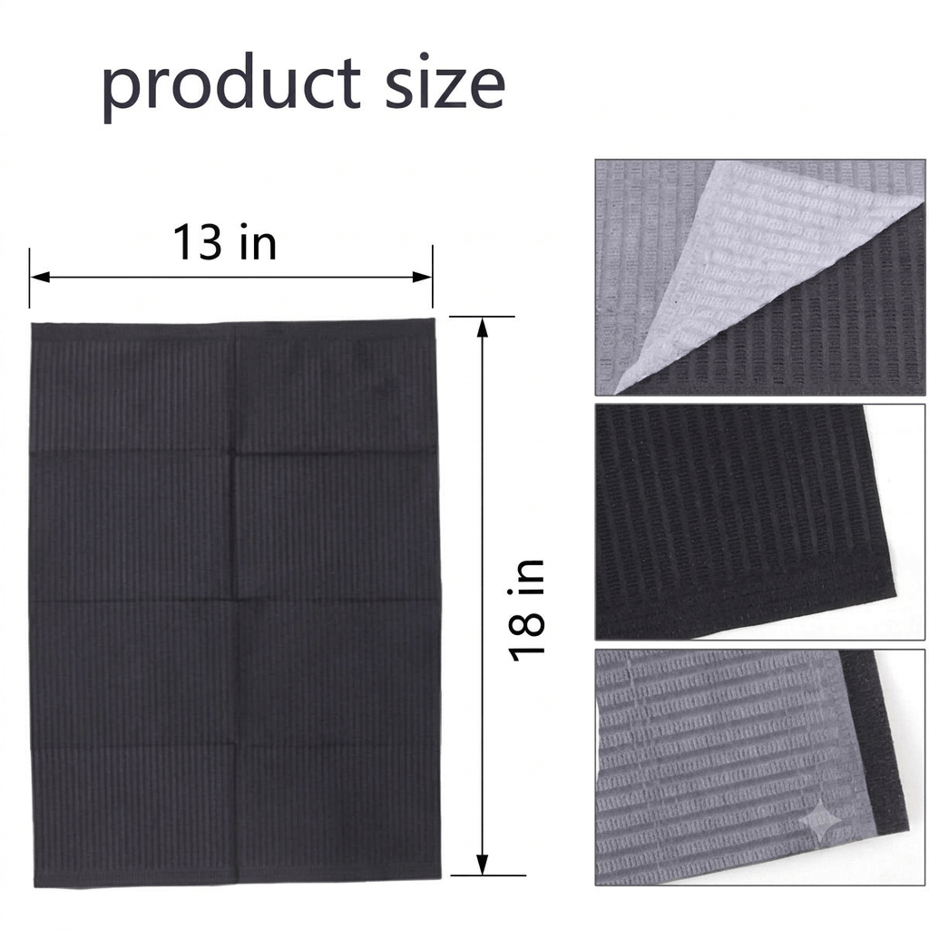 RAWK Lab professional tattoo bib dimensions, 13x18 inch standard workstation coverage, optimal size for tattoo trays and armrests.