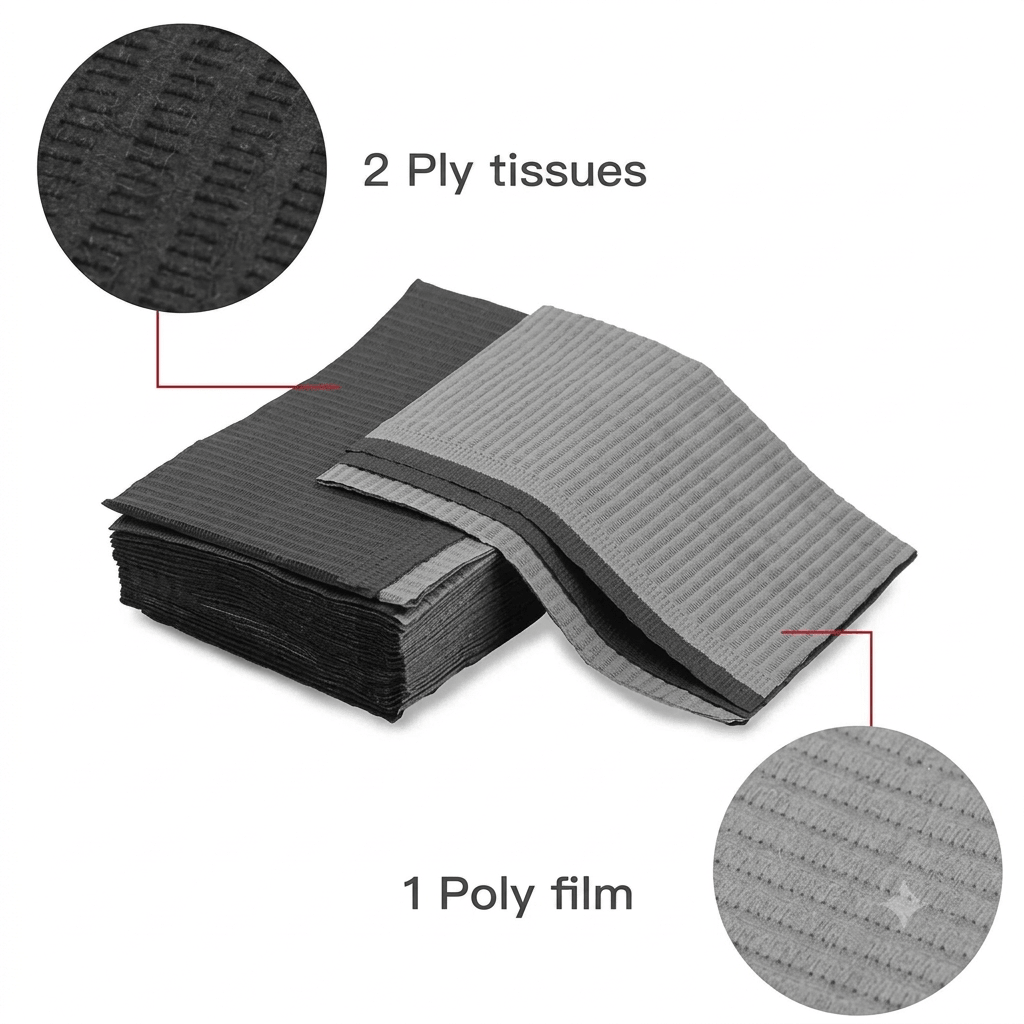 3-ply tattoo bib construction: dual-layer absorbent tissue with reinforced core and waterproof polyethylene film backing for professional studio protection.
