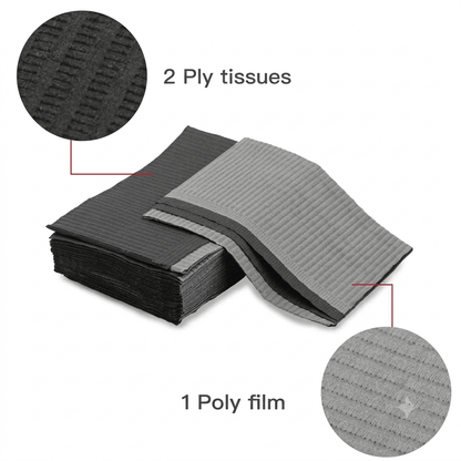 3-ply tattoo bib construction: dual-layer absorbent tissue with reinforced core and waterproof polyethylene film backing for professional studio protection.