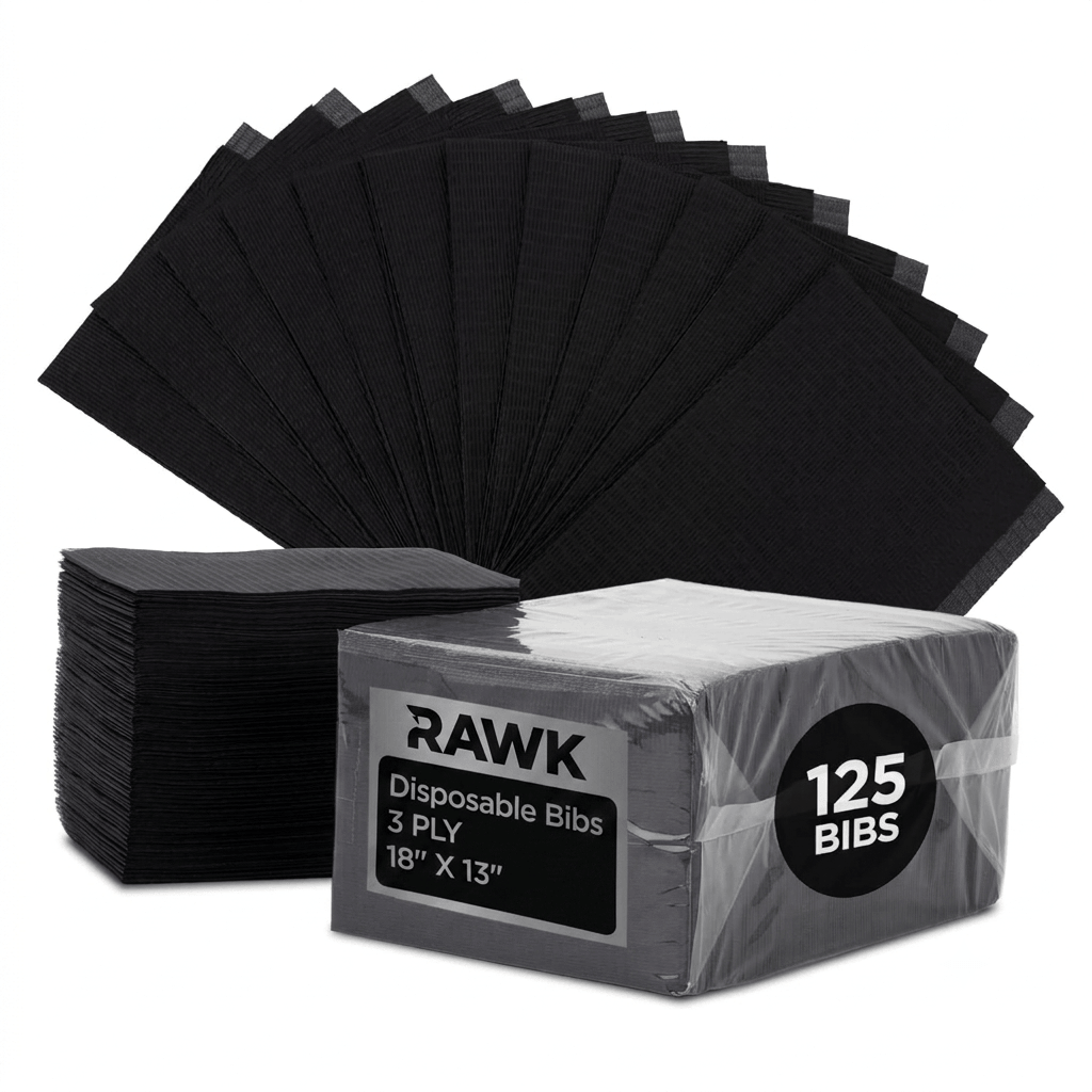 RAWK Lab disposable tattoo bibs 125 count box, black 3-ply waterproof workstation cover