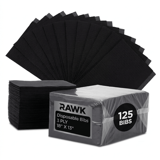 RAWK Lab disposable tattoo bibs 125 count box, black 3-ply waterproof workstation cover