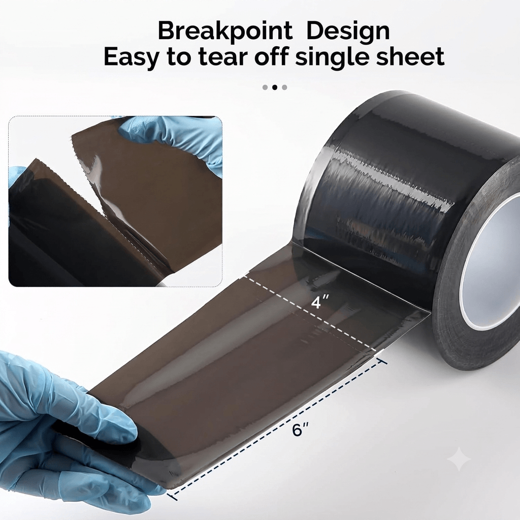 Easy-tear single sheet design of RAWK Lab barrier film, ensuring clean and fast application for busy tattoo shops.